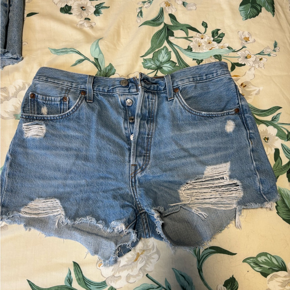 Levi's Button Fly Blue Distressed Jean Shorts